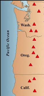 The volcanoes  of the Cascade mountain range